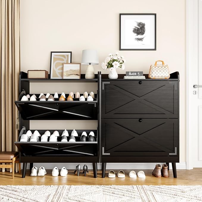 Shoe Storage Cabinet with 2 Flip Drawers & Adjustable Shelves, Freestanding Shoe Cabinet with Side Hooks Narrow Shoe Rack Cabinet for Entryway,Black
