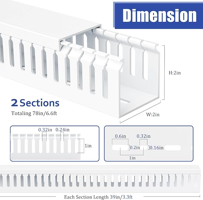 ZhiYo 2"H x 2"W Cable Raceway, 6ft Under Desk Wire Management Channel White | Slotted Wire Duct, 2 Pack (3 ft Each), Heavy-Duty PVC Cable Management for Server Racks, Network Cables & Electrical Cabinets