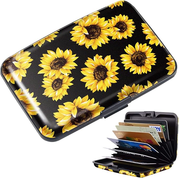 Coco Rossi Credit Card Holder RFID Aluminum Small Mini Wallet Women | Metal Wallet, Business Cards Holder, ID Case, Slim Sleeves, Womens Girls Gift, Carry Proof Wallets for Travel, Sunflower