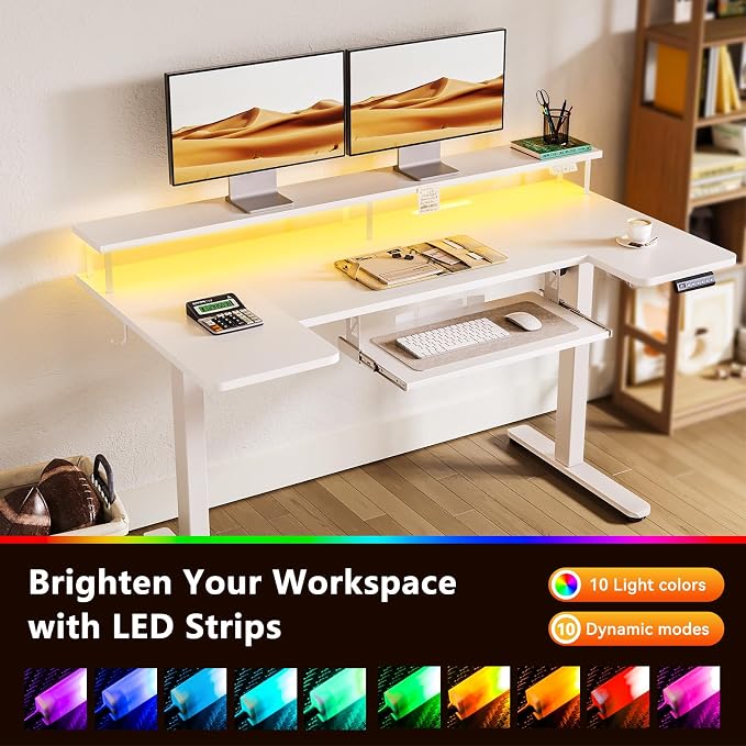 OffiGo 55 Inch U Shaped Electric Standing Desk with Keyboard Tray, White | 3 Outlets & 2 USB Ports, Dual-Monitor Stand, 10 Colors & 10 LED Modes, 3 Presets, 28.3"-46.5"in Range, 154 lb Capacity
