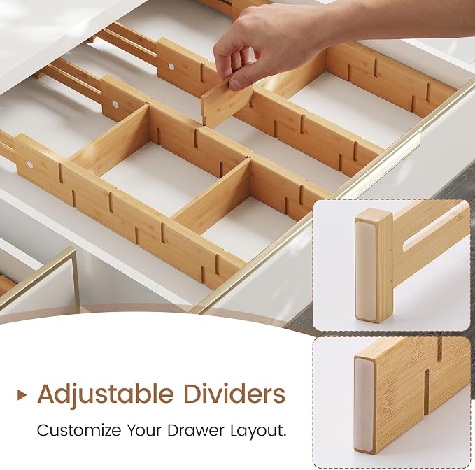 Bamboo Drawer Dividers 8 Pack with Inserts, Kitchen Adjustable Drawer Organizers for Home, Bedroom, Dresser, Expandable Organization 8 Dividers with 16 Inserts