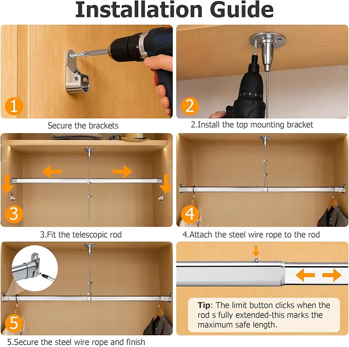 Heavy Duty Oval Closet Rod for Hanging Clothes, 51-70 Inch Adjustable Closet Rods, Premium Chrome