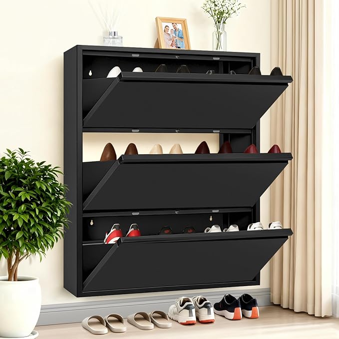 Shoe Storage Cabinet with 3 Flip Drawers, Hidden Slim Narrow Shoe Rack Cabinet, Wall Mount Metal Shoe Cabinet for Entryway, Black