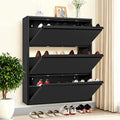 Shoe Storage Cabinet with 3 Flip Drawers, Hidden Slim Narrow Shoe Rack Cabinet, Wall Mount Metal Shoe Cabinet for Entryway, Black
