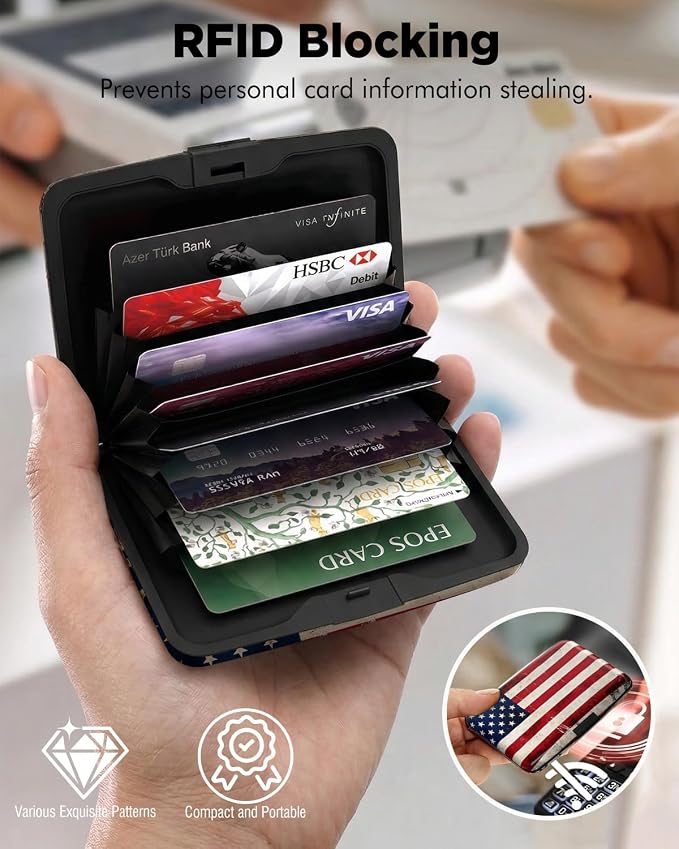 Maicican RFID Blocking Aluminum Credit Card Holder | Slim Metal Wallet for Women & Men, Business Card Case for Travel, Fits Front Pocket, Card holder wallet - American flag