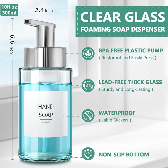 RYTOXILO Glass Soap Dispenser, 10 oz/300ml Foaming Soap Dispenser, 2 Pack Foaming Hand Dispenser for Bathroom & Kitchen, Clear Refillable Foam Soap Bottle with Silver Pump