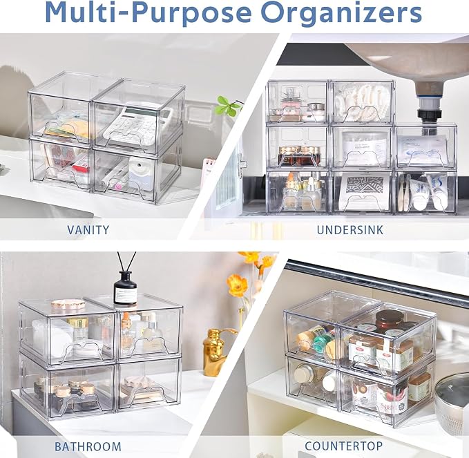 8Pack Acrylic Storage Drawers, Clear Stackable Storage Drawers, Acrylic Storage Bins with Drawers for Fridge Organizers, PlasticDrawers Stackable for Makeup Organizers Cosmetic Display