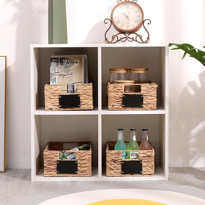 Water Hyacinth Storage Baskets Set of 4 - Foldable Seagrass Organizers with Chalk Labels,10.8x9x4.9 Inch,Rectangular Woven Pantry Bin for Shelves