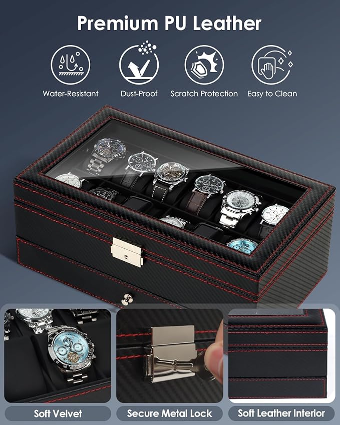 Kukikan Watch Box Jewelry Organizer, 12-Slot 2-Layer Watch Case Storage with Large Glass Lid, Watch Storage Case with Lock, Watch Holder Display Case, Fathers Day Gift for Dad