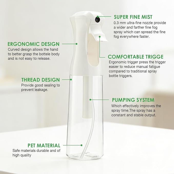 THINTON Mist Spray Bottle for Hair (10oz/300ml) - 2 Pcs | Continuous Spray Bottle for Salons Cleaning Plants Gardening