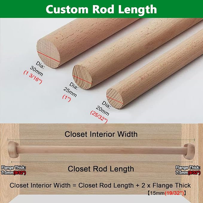 Solid Wood Closet Rod Heavy Duty Wooden Hanging Clothes Bar Cut To Size Custom Length Smooth Straight Wood Dowel Rods Long Wooden Stick Curtain Rod Wood Pole (Dia 1′′,L32in)