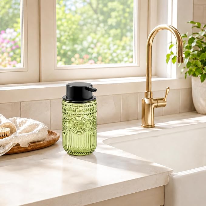 Foam Hand Soap Dispenser Glass, Green Foaming Hand Soap Dispenser | Reusable Foam Soap Dispenser with Black Foam Pump for Bathroom, Kitchen Decor,13.8 oz Large Capacity