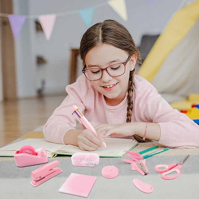 Pink Desk Accessory Kit Cute Office Supplies Set Desktop Stapler Set Includes Staple Remover Hole Punch Tape Dispenser Ballpoint Pen Scissor Mini Box Cutter Tape Measure Paper Clips Sticky Notes