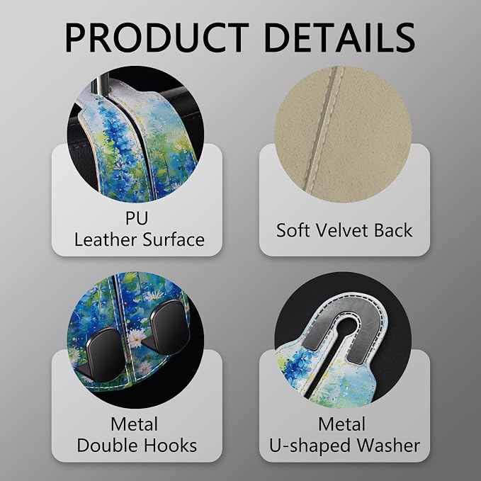 Blusabaca 2PCS Car Seat Headrest Hooks, Purses Bags Holder, Floral Blue | PU Leather, Double Metal Back Storage Hangers for Grocery Bags Handbags Bottles Coats Phones, Car Accessories Organization