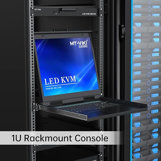 MT-VIKI KVM Rack Console w/19'' LCD Monitor, 8 Port VGA KVM Switch with Keyboard Touchpad Monitor, Fit for 1U 19'' Rack, OSD/Hotkey/Button 【with 8 KVM Cable】