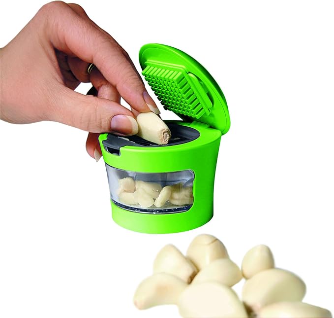 Garlic Perfection Press, Crusher, Mincer, and Storage Container - Easy to Clean - Stainless Steel Blades - Green