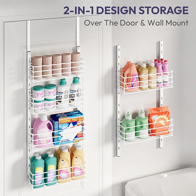 SWTYMIKI Over The Door Organizer - Door Organizer Hanging with 6 Adjustable Metal Large Capacity Basket, Wall Mounted Shelf for Bedroom Closet Bathroom Laundry Pantry Cabinet Kitchen(White)