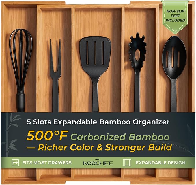 Carbonized Bamboo Kitchen Drawer Organizer, 5 Slots Expandable Silverware Organizer, Utensil Holder & Cutlery Tray, 2.2" Deep for Extra Capacity, Non-Slip Feet Included.