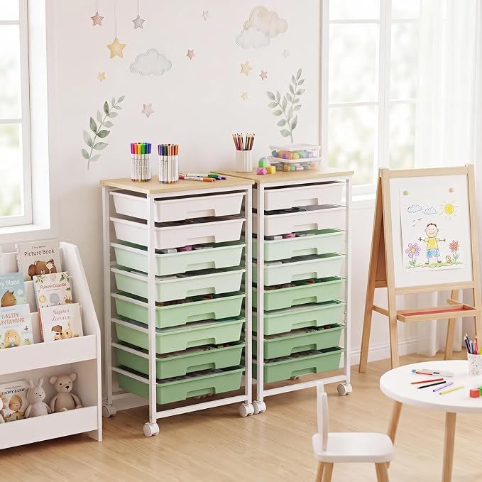 LEHOM Rolling Storage Cart with 8 Drawers, Utility Cart on Wheels with Metal Frame and Wooden Tabletop for Living Room Bedroom Dorm, Office Storage & Art Supply Craft Organizer for Classroom, Green
