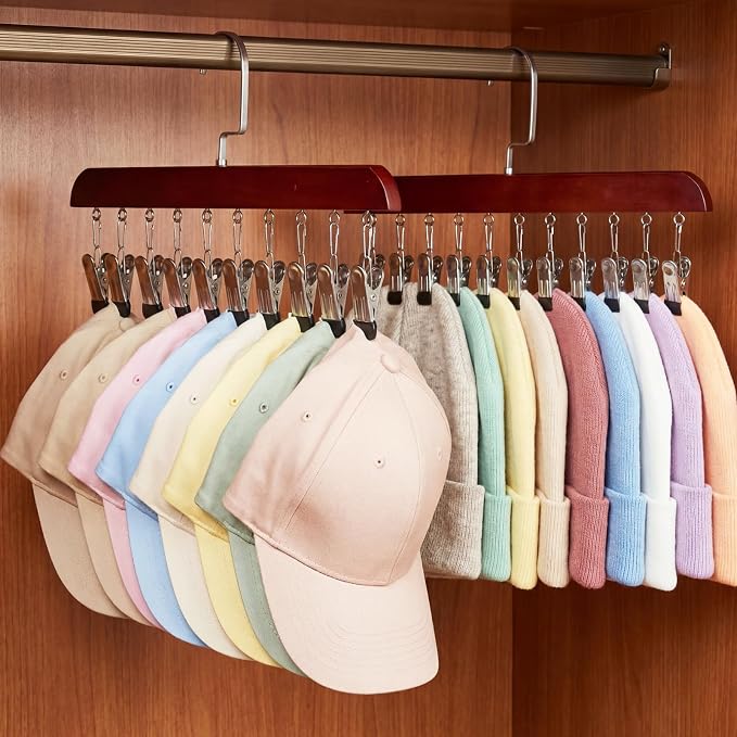 Novabright 4 Pcs Closet Organizer with 10 Clips Wooden Hat Rack for Closet, Space-Saving Hanging Organizer, Multipurpose Storage Display Accessory for Beanies, Ties, and Socks (Brown)