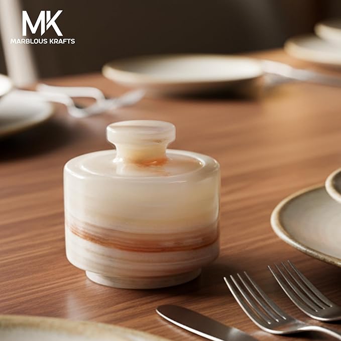 MARBLOUS KRAFTS Marble Salt Cellar 3 Inch White Onyx Salt Holder With Lid for Spice Jar & Stone Salt Container, Modern Sugar Bowl