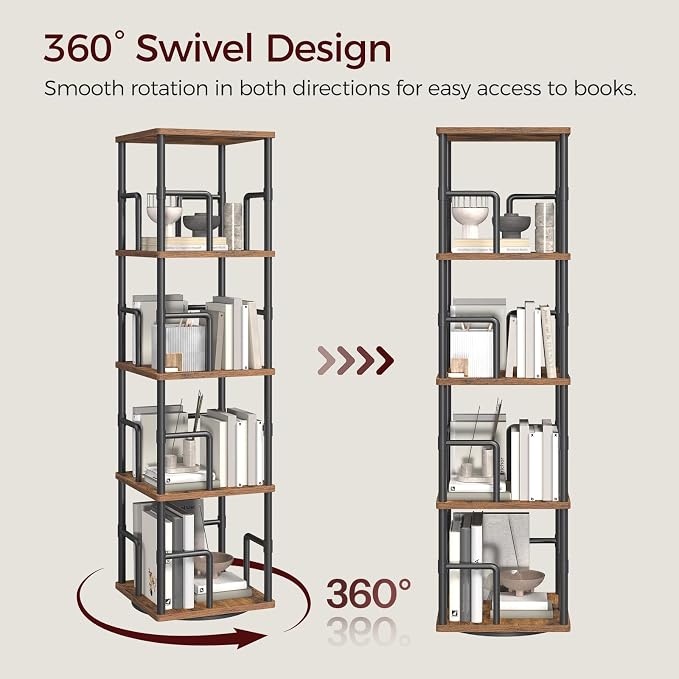 MAHANCRIS 4-Tier Rotating Bookshelf, Freestanding Corner Bookshelf, 360° Spinning Bookcase, Industrial Style Storage Rack with Rails, for Living Room, Bedroom, Study, Rustic Brown and Black BKHR1501