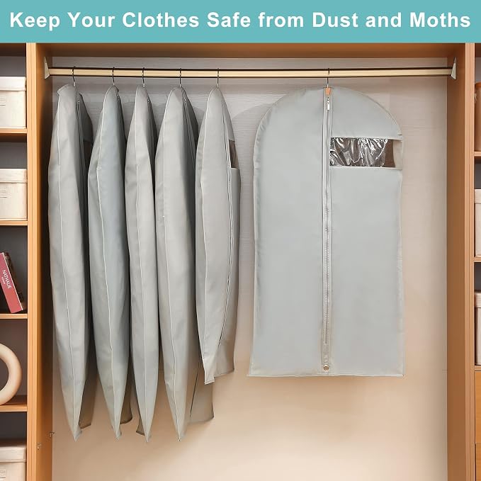 4 Pack - 65" Dress Garment Bags for Hanging Clothes, Dress Bags for Gowns Long, Foldable Long Garment Bag with Clear Window for Closet Storage and Travel - Gray