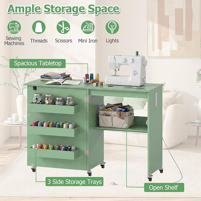 Giantex Folding Sewing Table with Charging Station, Storage Trays & Shelf | Rolling Craft Table with Lockable Wheels, Foldable Sewing Machine Cabinet Desk for Small Spaces, Dorms, Sage