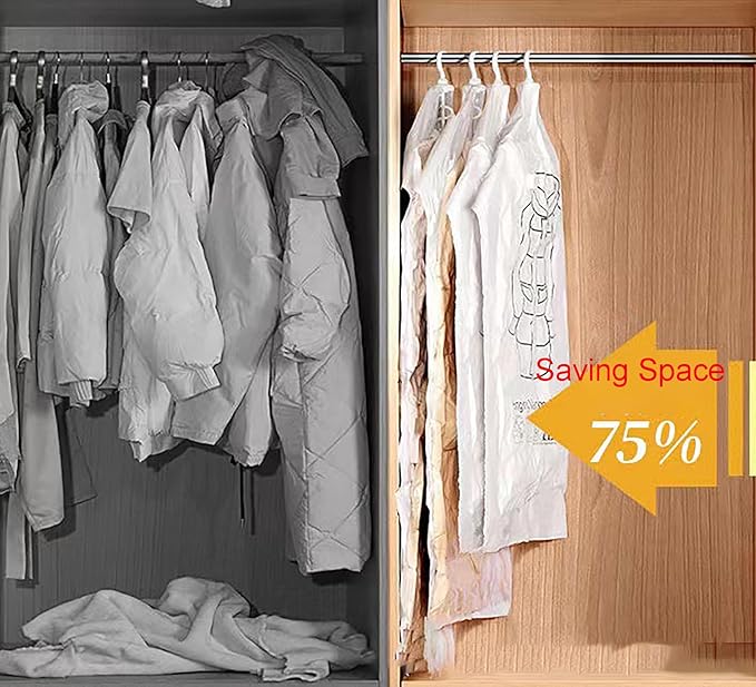 Hanging Vacuum Storage Bags with Pump, 4 Pcs 4 Hooks 43.3 Inch x 27.6 Inch PE Compression Down Jackets Arrange Bags for Saving Closet Space (Medium)