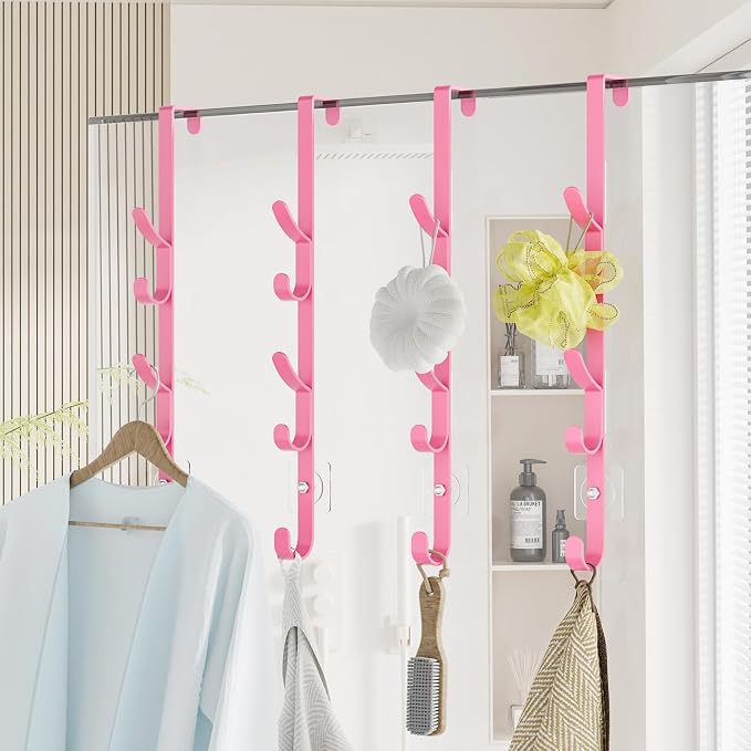 Kaiferty Over the Door Hooks, Metal Door Hooks for Hanging, Over the Door Purse Organizer for Coat Hanger, Back of Shower Door for Hanging Towel Rack Clothes, Hat, Bathroom, Closet (Pink-4Packs)
