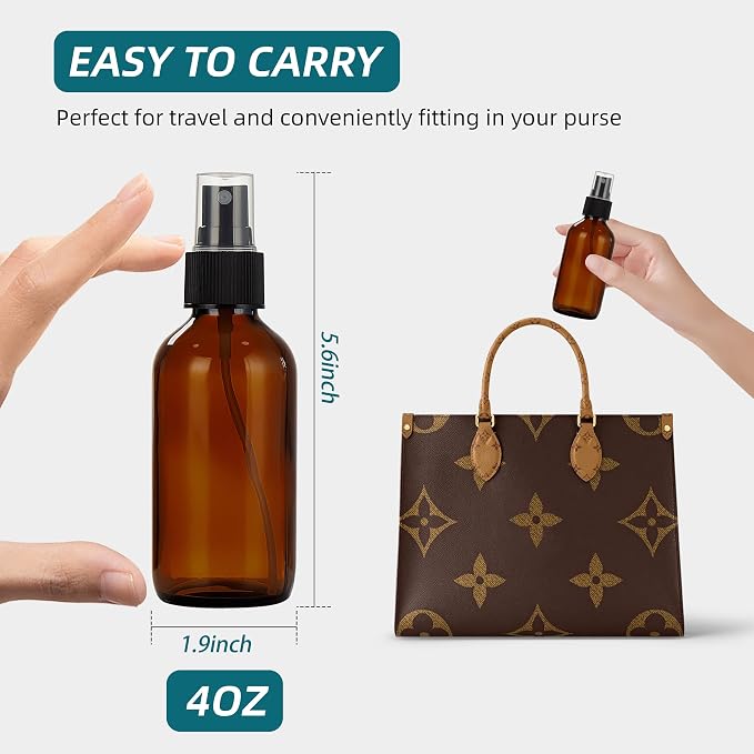 Dark Amber Glass Spray Bottles 4 oz, Small, Fine Mist, 2 Pack | For Essential Oils, Facial Care, Hair Care, Perfumes, Plants, Room Sprays, Travel, Cleaning Solutions