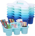 6 Pack Classroom Caddy Organizer with Handle Gradient Blue Plastic Table Caddy Drink Cup Caddies Holder 12x9x3.5 Inches Storage School Supplies 6 Compartments for Table Crayon Pencil Cup Marker Craft