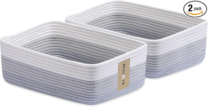 MiniArk Large Shallow Organizing Baskets 15x11x5.1 Inches - Rope Woven Storage Bins for Bathroom, Shelves, Cube Closet, Gradient Grey 2 Packs
