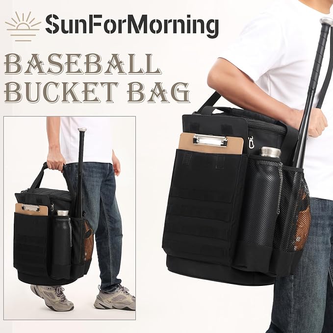 Baseball Bucket Bag Baseball Coaching Accessories Organizer Tactical Style Softball Bucket Bag with Anti-Slip Bottom, Multiple Pockets for Bat, Gloves, Scoreboards
