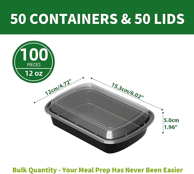 Meal Prep Containers, 50 Pack 12oz Disposable Take Out Food Storage Containers with Leakproof Lids, Reusable Plastic To Go Lunch Boxes, BPA Free, Microwave/Dishwasher/Freezer Safe