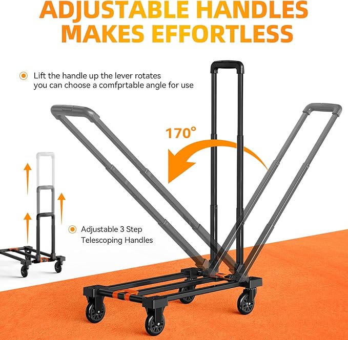 Folding Hand Truck Collapsible Crate Set, No Assembly Required 2 in 1 Utility Portable Rolling Crate Handcart with 4 Big Wheels & 2 Elastic Ropes & Removable Storage Crates (3.54 inches Wheels)
