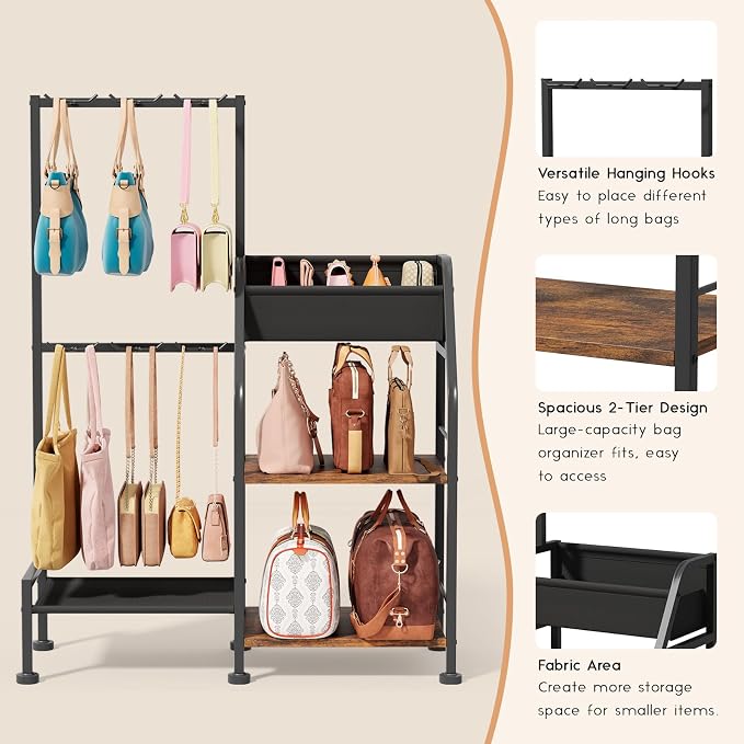 Homsorout Purse Organizer for Closet - Purse Rack Stand with 12 Hooks, 2 Wooden Shelves Purse Storage for Closet, Large Capacity Backpack Storage, Handbag Organizer for Home, Living Room, Black