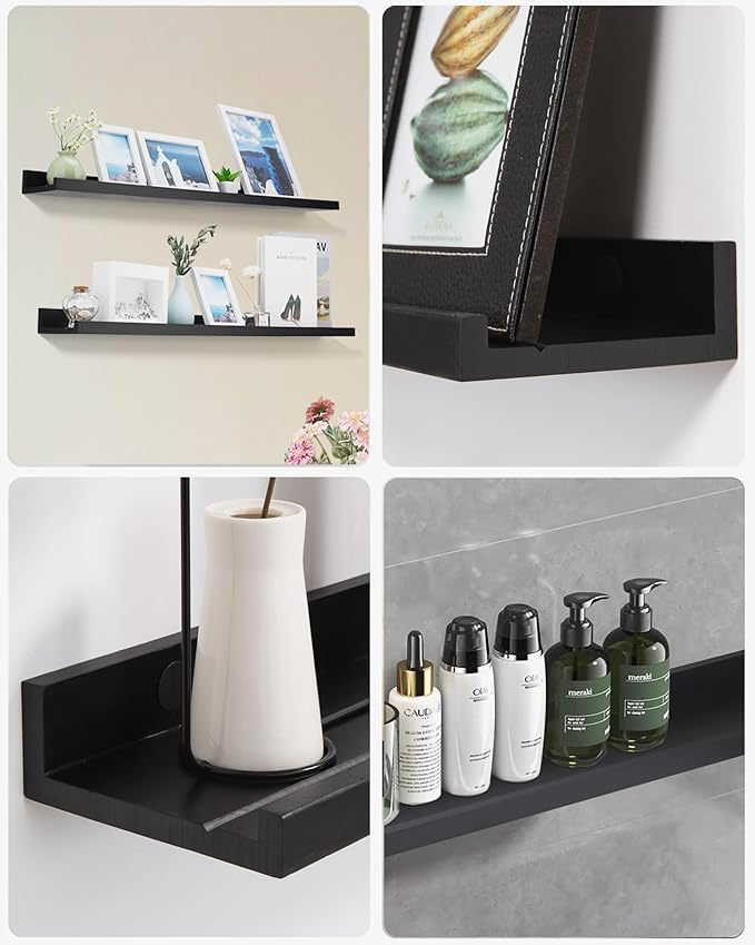48 Inch Long Floating Shelves for Wall, Black Picture Ledge Shelf Wall Mounted Bathroom Long Ledge Set of 2, Floating Photo Shelf with Grooves for Books Bedroom Living Room Kitchen Spice Rack