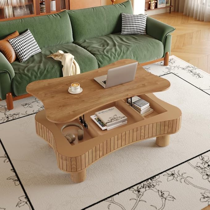 Lift Top Coffee Table with Hidden Storage Fluted Panel Silent Hydraulic Lift Curved Corners (Light Brown)
