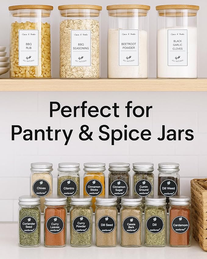 388 Pcs Spice Jar Labels Set- Stickers Waterproof Preprinted Pantry Labels with Blank Label, Black & White Stickers for Kitchen Jars Food Containers Spice Organizers Storage Bins
