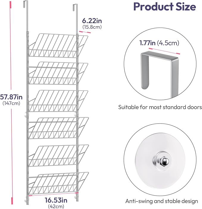 SWTYMIKI Over the Door Shoe Organizer - Adjustable 6 Tier Hanging Shoe Rack Organizer, Metal Heavy Duty Behind Door Storage or Wall Mount Shoes Shelf for Flats, Heels, Sneakers, Boots, Silver