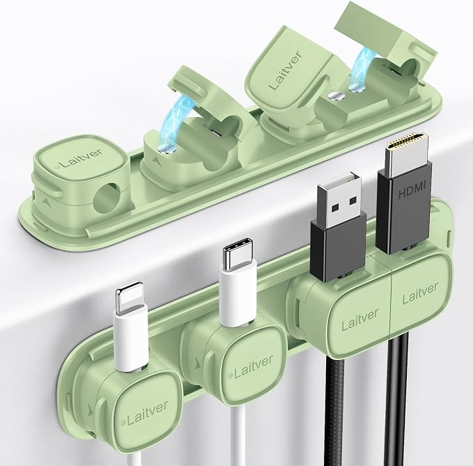 6 Pack Magnetic Cable Clips [1s Open/Lock], Cord Organizer Holder | Strong Adhesive Desk Cable Management- Organize Charging Cords Neatly for Home, Office, Car,Desk, Nightstand-Cyan