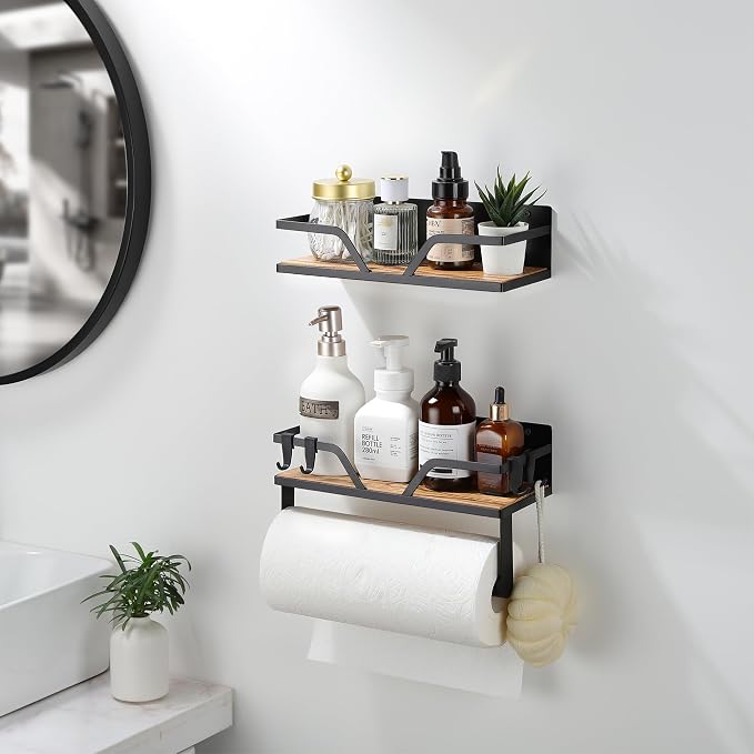 Magnetic Paper Towel Holder with Shelf - 2 Pack Strong Magnetic Spice Rack for Refrigerator Fridge RV(Wall Mount or Magnet)