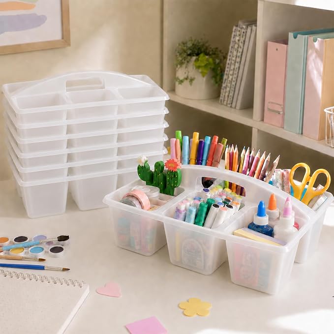 6 Pack Assorted Colors 6 Compartment Classroom Caddy with Handle Portable Plastic Storage Classroom Caddies Organizer for Classrooms Supply Teacher Office Table Desk(Clear)