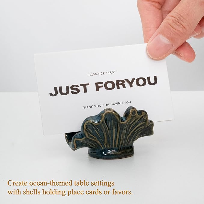 Ceramic Shell Business Card Holder Set of 3 - Pink, White, Blue - Boho Vertical Desk Organizer and Business Card Display for Office,Wedding,Home Decor- Cute Desk Accessories and Unique Gift