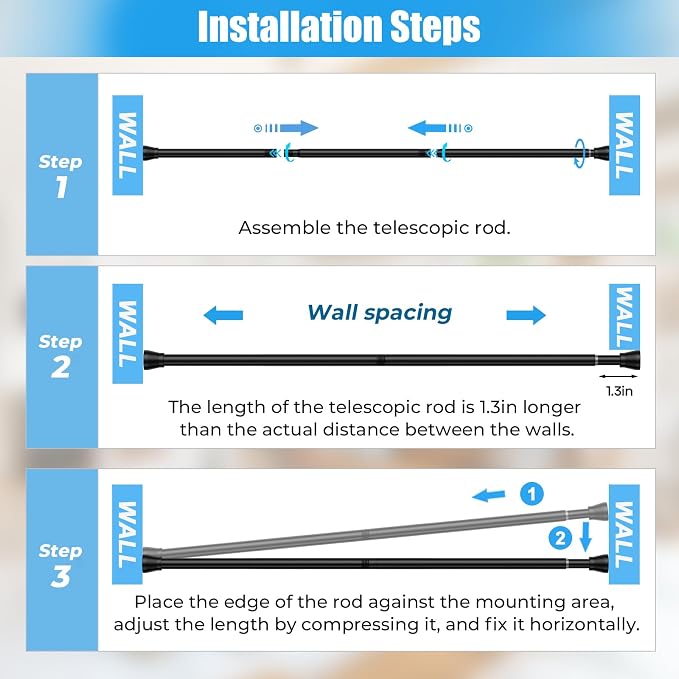 Spring Tension Curtain Rods 45-77 Inch Black 1 Pack | No-drill & tool-free setup. Fits windows, kitchens, doorways. Rust-resistant, great for light curtains.