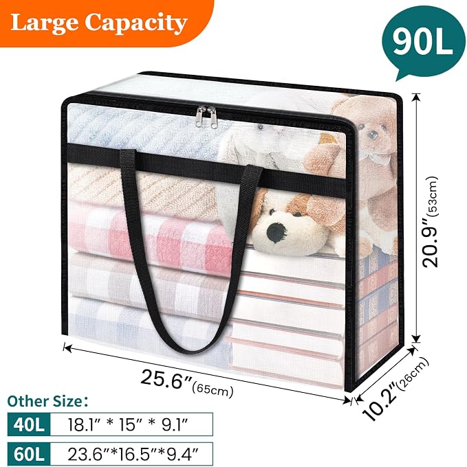 TasticTotes 6 Pack Clear Storage Bags for Comforter, Clothes & Bedding, 90L | Plastic Blanket Storage with Zipper & Handle, Foldable Moving Bags, Closet Organizer and Under-Bed Storage Containers
