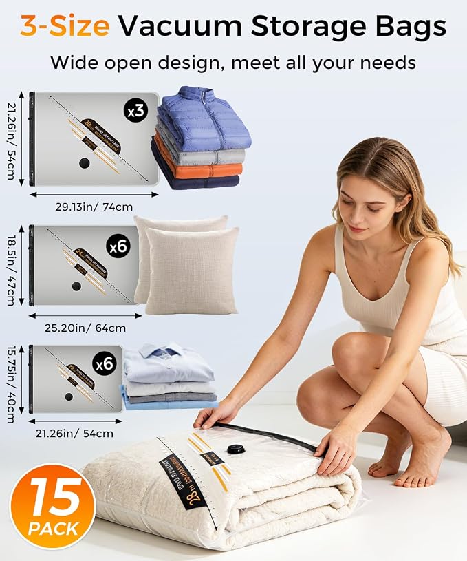 Vacuum Storage Bags with Rechargeable Electric Air Pump, 15 Pack Airtight Compression Packing Bags Space Saver for Clothes, Travel, Clothing, Luggage, Suitcase, (3 Large/6 Medium/6 Small)