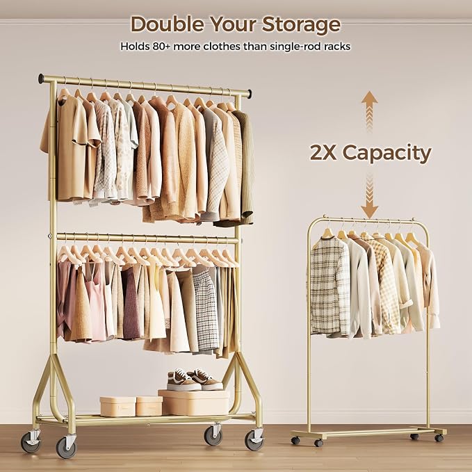 HYSEYY Heavy Duty Clothes Rack, Double Rod Clothing Rack for Hanging Clothes, Rolling Garment Rack, Adjustable Freestanding Wardrobe Closet Coat Rack for Bedroom Laundry Living Room, Gold