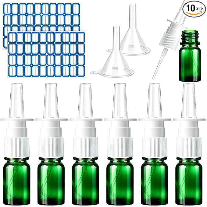 10 Pcs Nasal Spray Bottle, 5ML/0.17OZ 6 Pcs Green Fine Mist Glass Refillable Empty Nasal Spray Bottle with 2 Funnels and 2 Labels